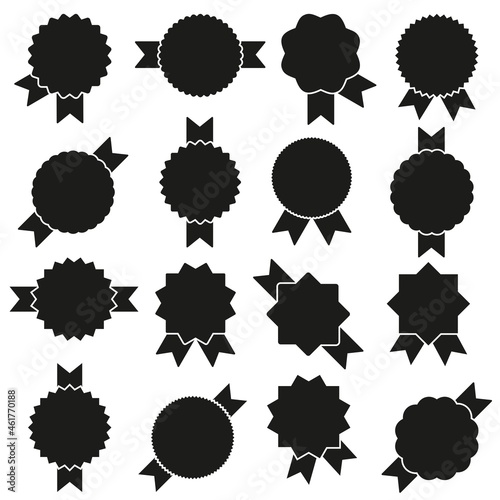 A set of sixteen multi-colored starburst icons with ribbons, sunburst in black on a white background, an empty sign with an inscription, vector graphics