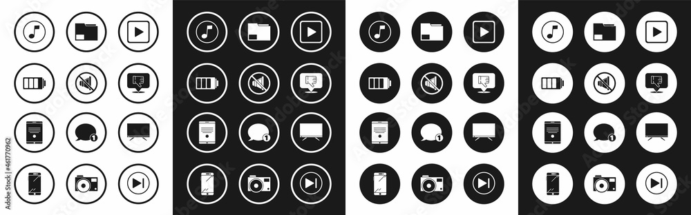 Set Play in square, Speaker mute, Battery charge level indicator, Music note, tone, Dislike speech bubble, Document folder, Smart Tv and Tablet icon. Vector Set Play in square, Speaker mute, Battery charge level indicator, Music note, tone, Dislike speech bubble, Document folder, Smart Tv and Tablet icon. Vector