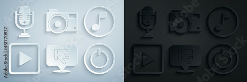 Set Dislike in speech bubble, Music note, tone, Play square, Power button, Photo camera and Microphone icon. Vector