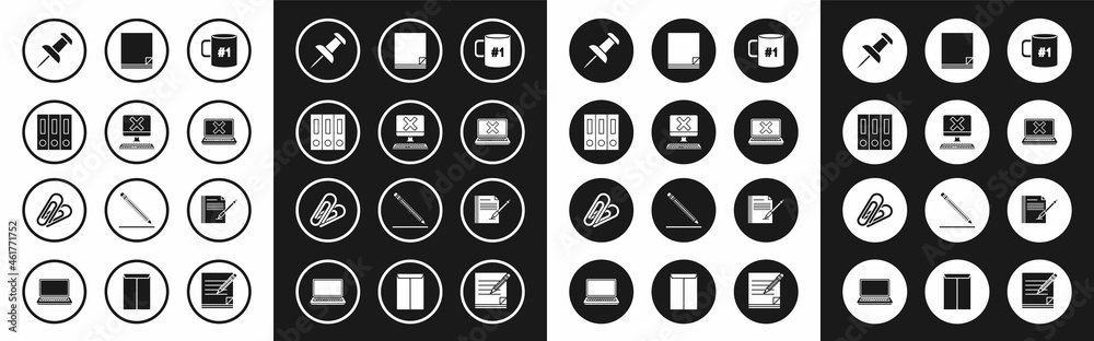 Set Coffee cup flat, Computer with keyboard and x mark, Office folders papers documents, Push pin, Laptop cross on screen, File, Blank notebook pen and Paper clip icon. Vector Set Coffee cup flat, Computer with keyboard and x mark, Office folders papers documents, Push pin, Laptop cross on screen, File, Blank notebook pen and Paper clip icon. Vector