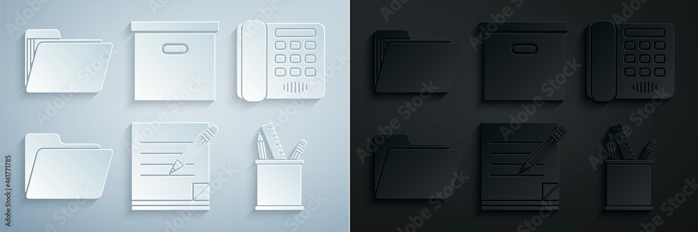 Set Blank notebook and pencil with eraser, Telephone, Document folder, Pencil case stationery, Carton cardboard box and icon. Vector Set Blank notebook and pencil with eraser, Telephone, Document folder, Pencil case stationery, Carton cardboard box and icon. Vector