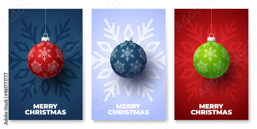 christmas ball simple poster set. Christmas set of backgrounds, greeting cards, web posters, holiday covers. Design with realistic New Year's eve.Vector illustration