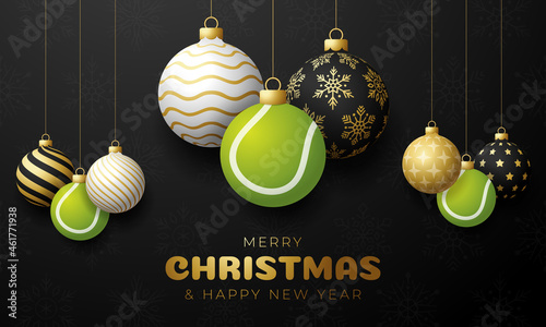 tennis Christmas card. Merry Christmas sport greeting card. Hang on a thread Tennis ball as a xmas ball and golden bauble on black horizontal background. Sport Vector illustration.