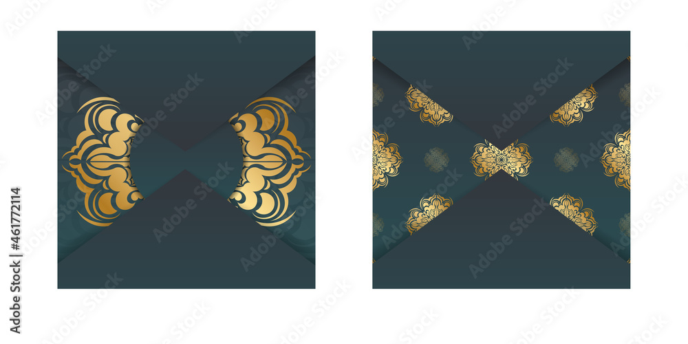 Fototapeta premium Gradient green greeting card with Greek gold ornaments prepared for typography.