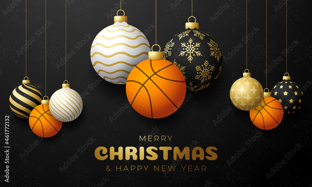 basketball Christmas card. Merry Christmas sport greeting card. Hang on
