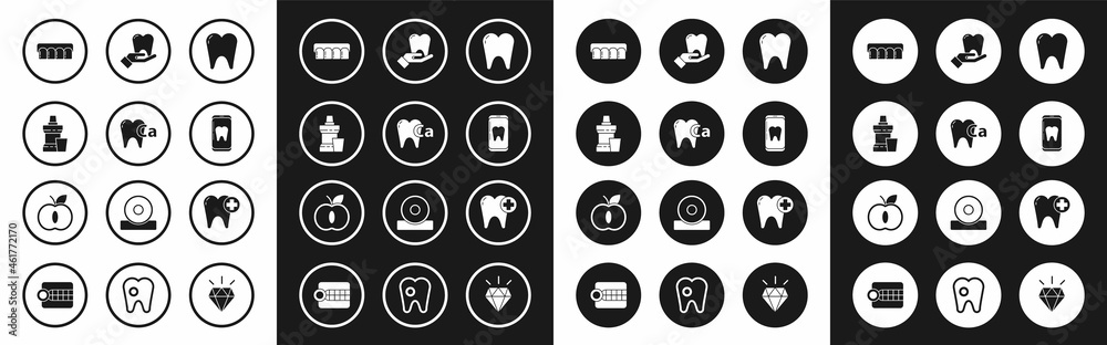 Set Tooth, Calcium for tooth, Mouthwash plastic bottle, Dentures model, Online dental care, and Apple icon. Vector
