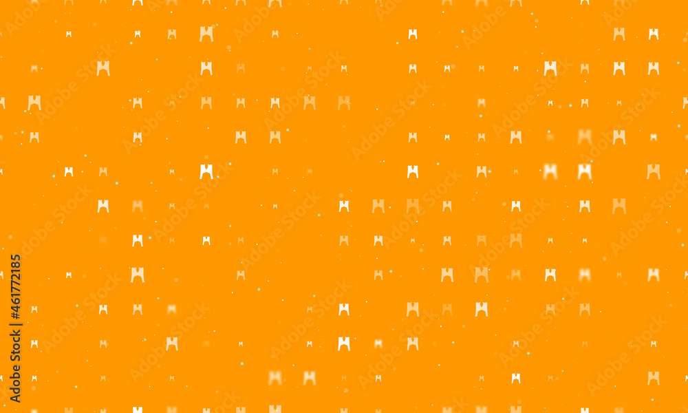 Seamless background pattern of evenly spaced white women's jacket symbols of different sizes and opacity. Vector illustration on orange background with stars