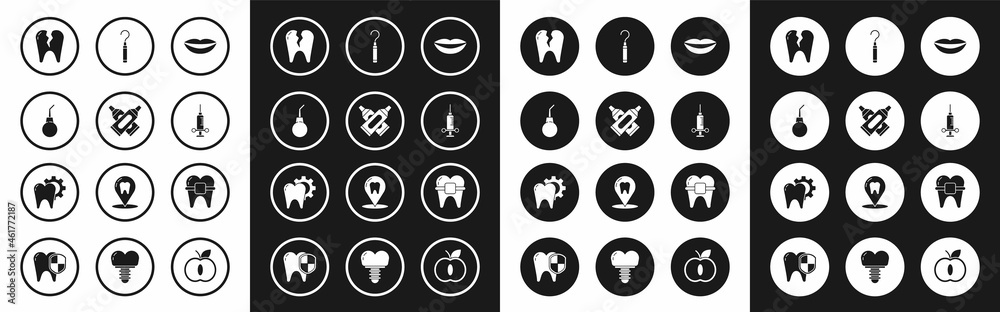 Set Smiling lips, Crossed tube of toothpaste, Enema pear, Broken, Dental medical syringe, explorer scaler for teeth, Teeth with braces and Tooth treatment procedure icon. Vector