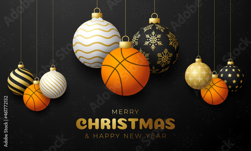 basketball Christmas card. Merry Christmas sport greeting card. Hang on a thread basketball ball as a xmas ball and golden bauble on black horizontal background. Sport Vector illustration.