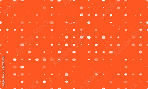 Seamless background pattern of evenly spaced white pumpkin symbols of different sizes and opacity. Vector illustration on deep orange background with stars