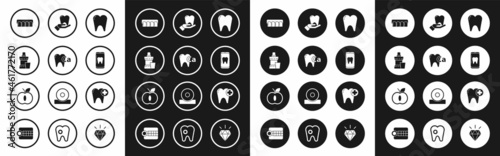 Set Tooth, Calcium for tooth, Mouthwash plastic bottle, Dentures model, Online dental care, and Apple icon. Vector