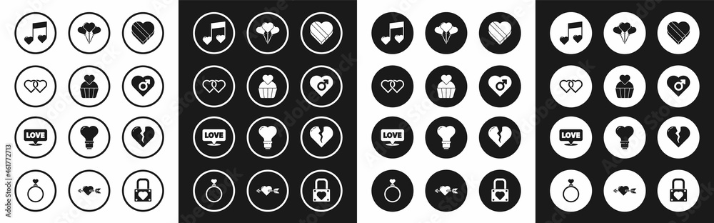 Set Candy in heart shaped box, Wedding cake with, Two Linked Hearts, Music note, tone hearts, male gender, Balloons form of, Broken divorce and Speech bubble text love icon. Vector