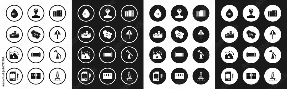 Set Oil industrial factory building, CO2 emissions cloud, tanker ship, drop, Exclamation mark triangle, Gauge scale, pump pump jack and Drop crude oil price icon. Vector