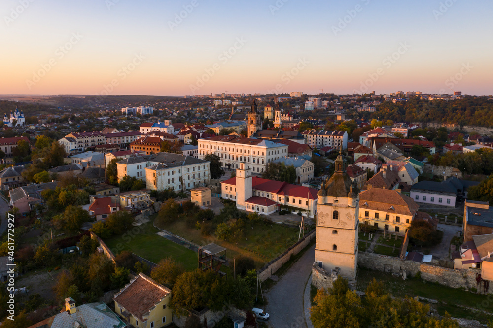 Aerial panorama of Kamyanets-Podilsky city in evening time, Ukraine