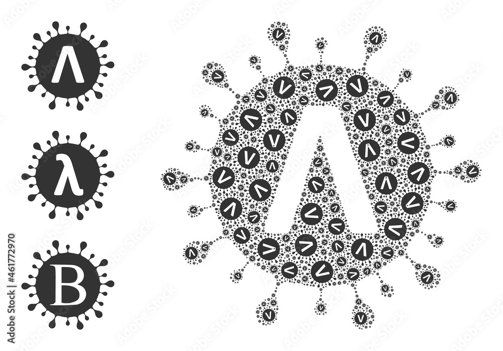 Itself fractal mosaic Lambda coronavirus strain. Vector Lambda coronavirus strain mosaic is organized with random fractal Lambda coronavirus strain items. Flat illustration. Itself fractal mosaic Lambda coronavirus strain. Vector Lambda coronavirus strain mosaic is organized with random fractal Lambda coronavirus strain items. Flat illustration.