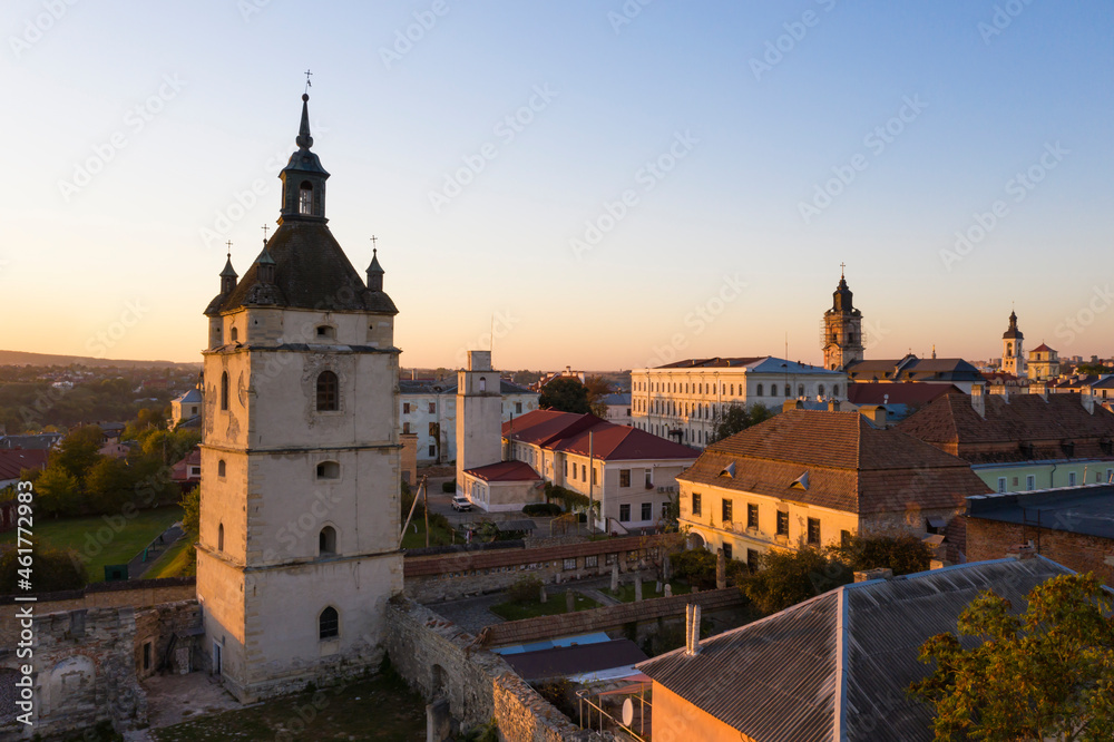 Aerial view of the old Armenian Cathedral and cityscape in evening sunlight in Kamyanets-Podilsky, Ukraine