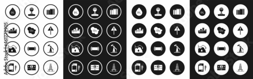 Set Oil industrial factory building, CO2 emissions cloud, tanker ship, drop, Exclamation mark triangle, Gauge scale, pump pump jack and Drop crude oil price icon. Vector