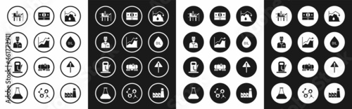 Set Drop in crude oil price, Oil increase, Oilman, platform the sea, drop, Stacks paper money cash, Exclamation mark triangle and Petrol gas station icon. Vector