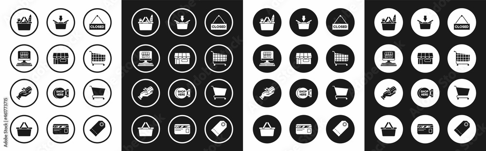 Set Hanging sign with text Closed, Shopping building or market store, on screen computer, basket and food, cart, and Human hand holding credit card icon. Vector