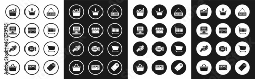 Free Download Set Hanging sign with text Closed, Shopping building or market store, on screen computer, basket and food, cart, and Human hand holding credit card icon. Vector - GFXLoad