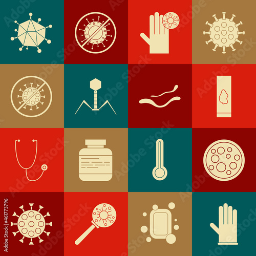 Set Medical rubber gloves, Virus, Blood test and virus, Hand with, Bacteria bacteriophage, Stop, and Ebola disease icon. Vector