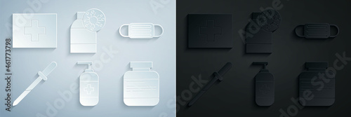Set Bottle of liquid antibacterial soap, Medical protective mask, Pipette, Medicine bottle and pills, with virus and First aid kit icon. Vector
