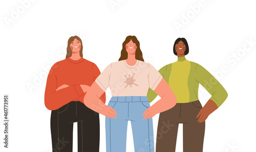 Group of three young strong women standing together. Female friendship, sisterhood or feminist activists. Girl power. Cartoon flat vector illustration.
