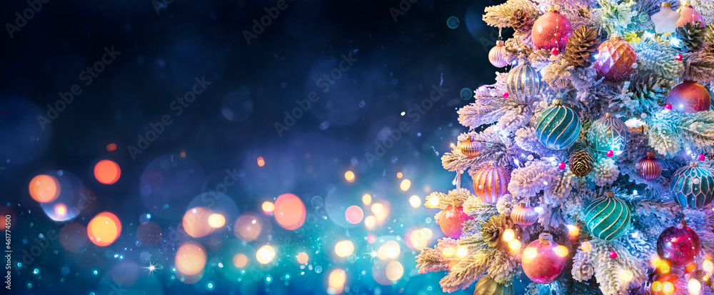 Christmas Tree With Ornaments In Blue Night - Balls On Fir Branches With Defocused Lights In Abstract Background - obrazy, fototapety, plakaty 
