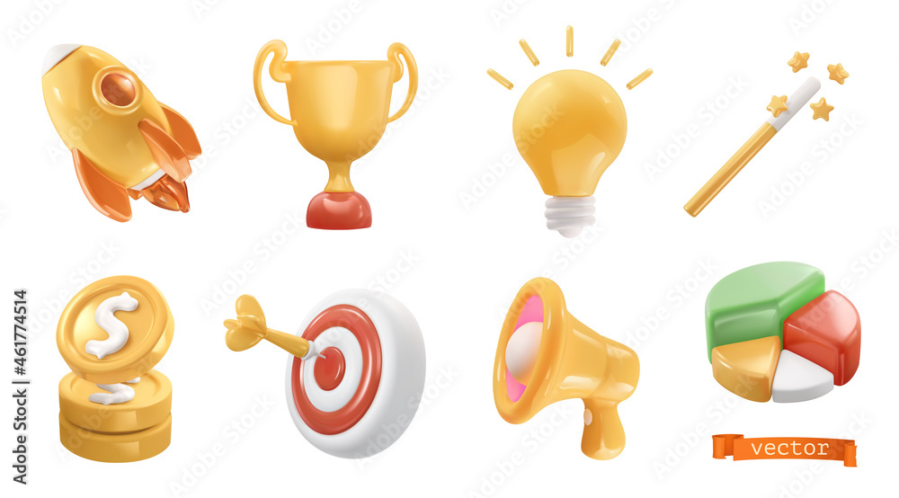3d realistic vector icon set. Rocket, cup, light bulb, magic wand, coins, target, megaphone, diagram. Business objects - obrazy, fototapety, plakaty 