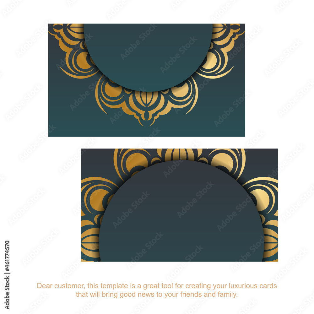 Green gradient business card with gold mandala pattern for your brand.