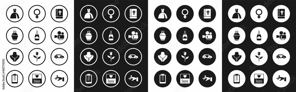 Set Holy bible book, Champagne bottle, Wedding cake with heart, Woman dress, Cinema camera, Female gender symbol, Limousine car and Necklace on mannequin icon. Vector