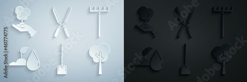 Set Shovel, Garden rake, Watering sprout, Tree, Gardening handmade scissors for trimming and of environmental protection icon. Vector
