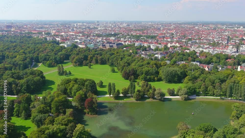 Munich: Aerial view of city in Germany and capital of Bavaria, park English Garden (Englischer Garten) - landscape panorama of Europe from above