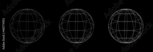 Sphere Wireframe Illustration Set. Futuristic Abstract Linear Sphere or Globe Wire Frame Mesh Vector Design Element.