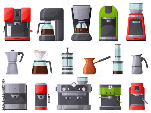 Coffee machines, coffee maker, espresso machine and coffee pot. French press, restaurant or home coffee makers vector illustration set. Coffee makers