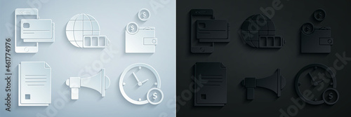Set Megaphone, Wallet with coins, File document, Time is money, Battery charge level indicator earth globe and Mobile and credit card icon. Vector