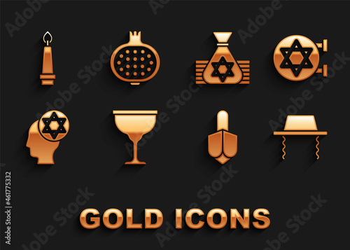 Set Jewish goblet, synagogue, Orthodox jewish hat, Hanukkah dreidel, money bag, Burning candle and Pomegranate icon. Vector