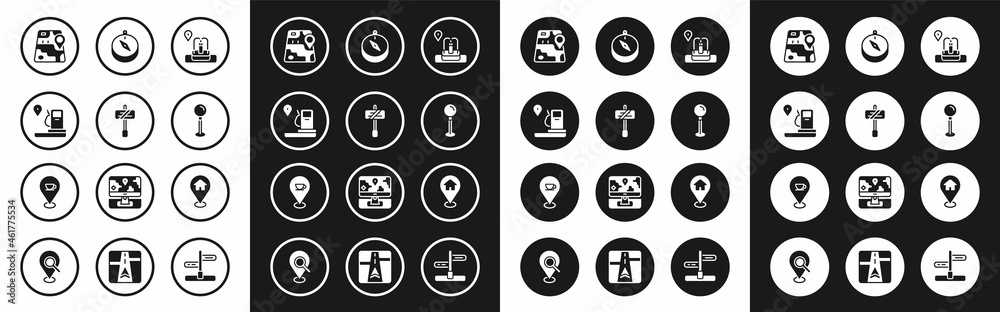 Set Location with fountain, Road traffic sign, and gas station, City map navigation, Push pin, Compass, house and coffee cup icon. Vector