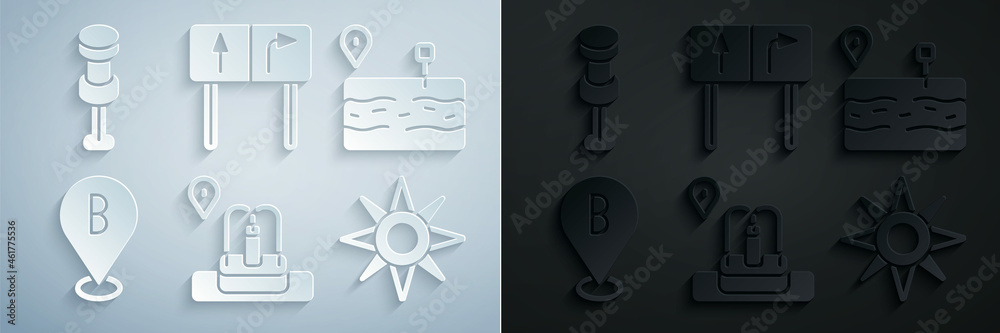 Set Location with fountain, Broken road, Wind rose, Road traffic sign and Push pin icon. Vector