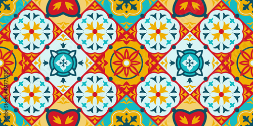 Talavera, azulejo mosaic porcelain ceramic tile seamless pattern. Decorative ethnic ornament tiles pattern vector background illustration. Mediterranean mosaic tiles