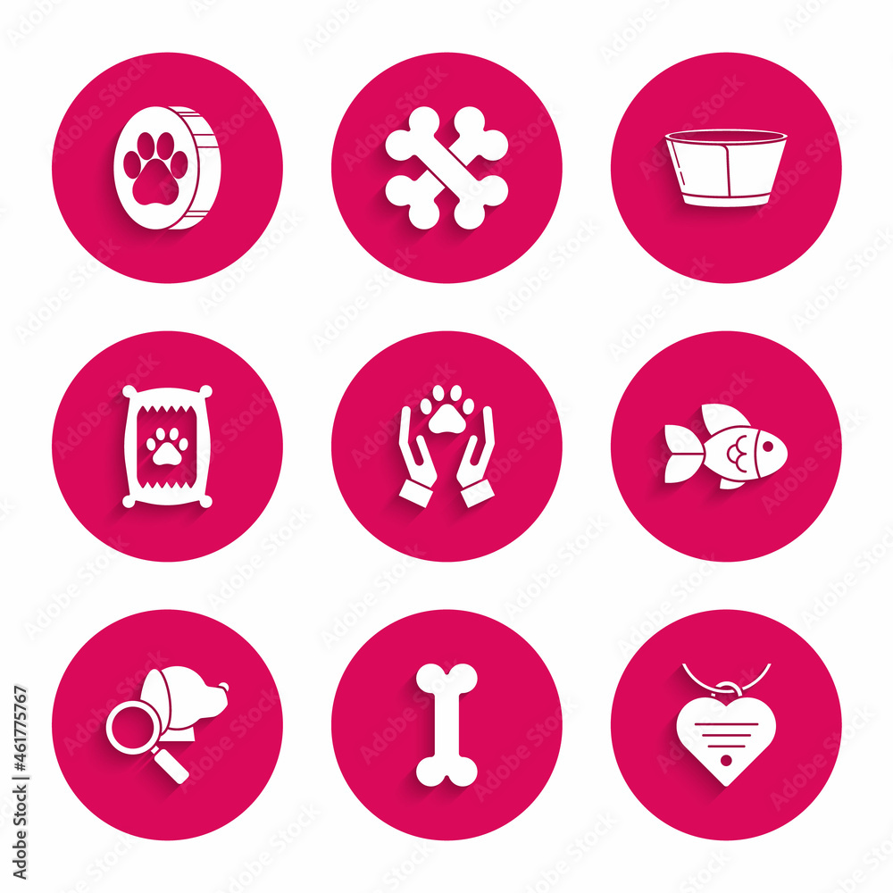 Set Hands with animals footprint, Dog bone, Collar name tag heart, Fish, Veterinary clinic symbol, Bag of food for dog, Protective cone collar and Paw icon. Vector Set Hands with animals footprint, Dog bone, Collar name tag heart, Fish, Veterinary clinic symbol, Bag of food for dog, Protective cone collar and Paw icon. Vector