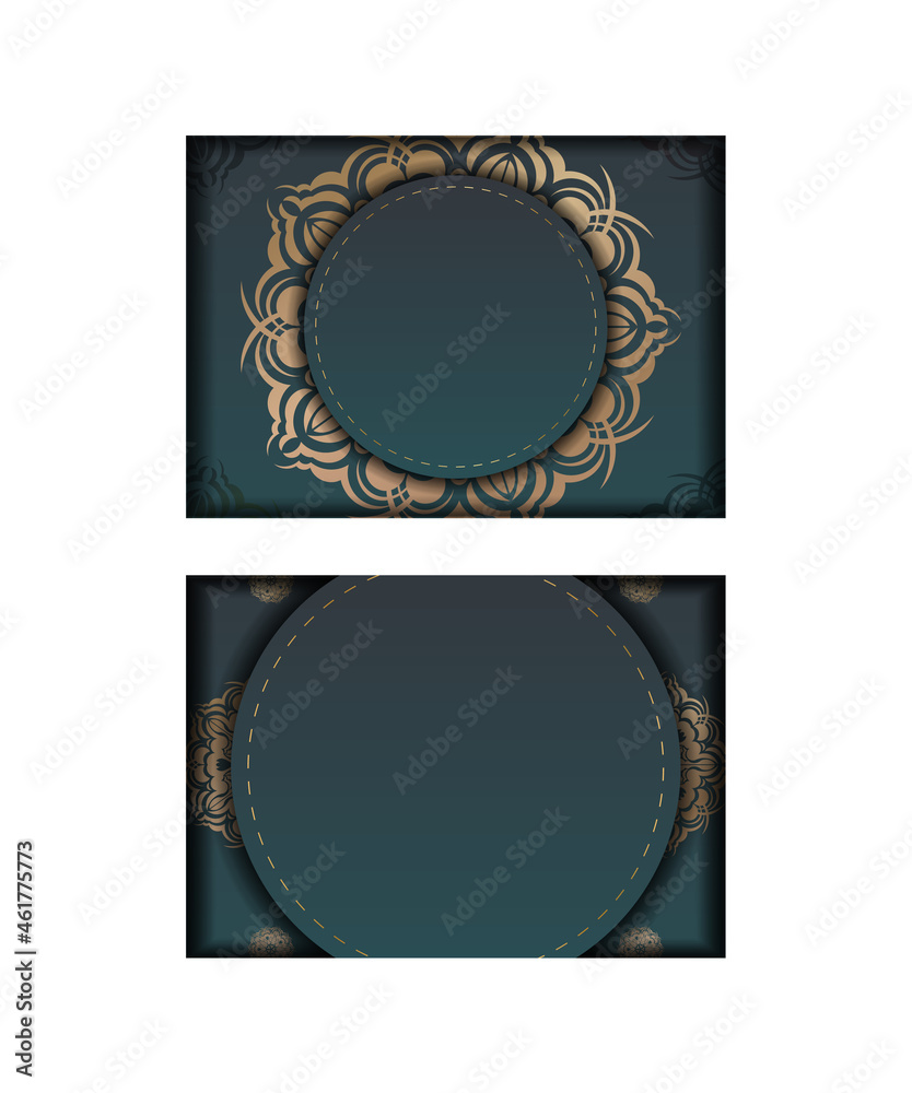 Green gradient flyer with vintage gold pattern for your design.
