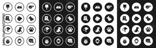Set Veterinary clinic symbol, Bag of food for dog, Dustpan, Pet bowl cat, Paw print and icon. Vector