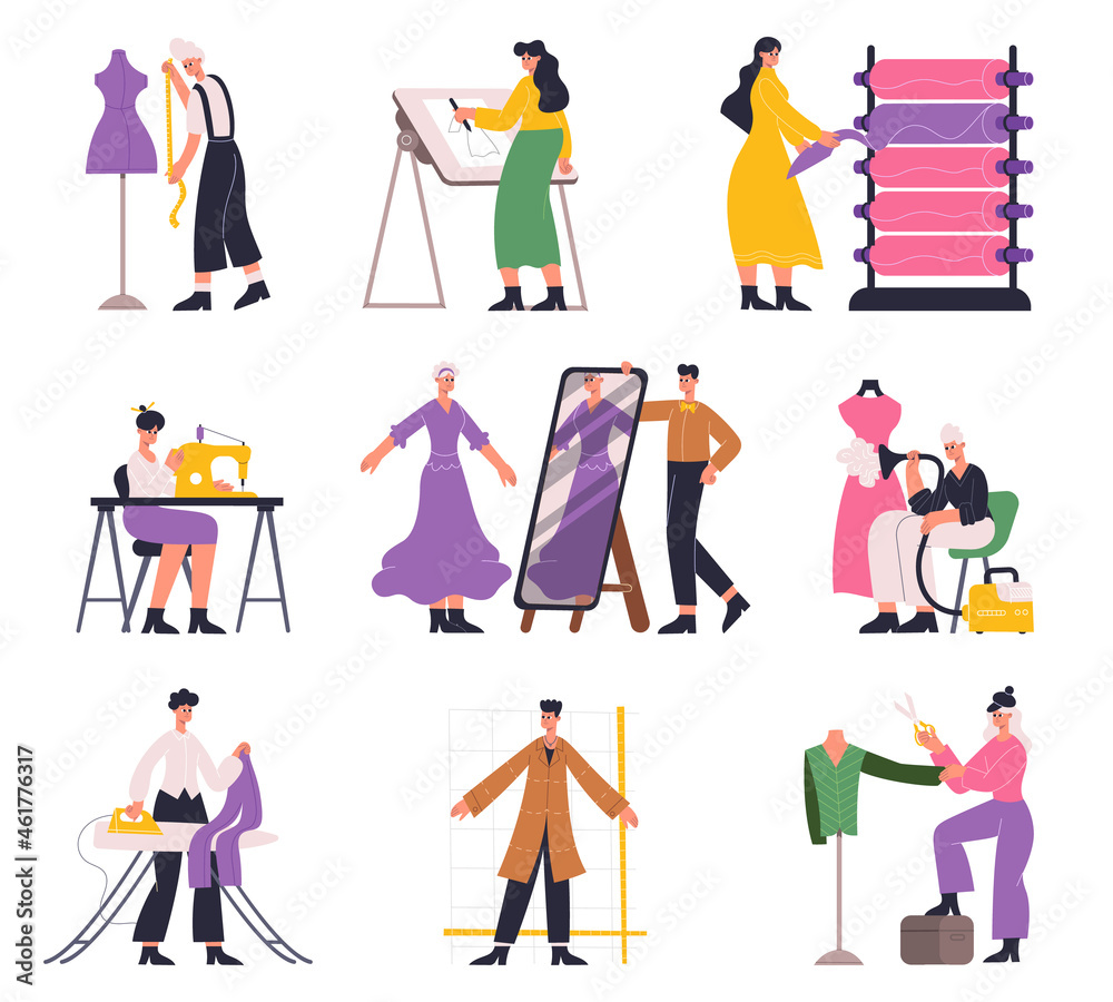 Tailors, fashion designers, atelier seamstress and dressmaker characters. Clothing designer tailoring and sewing vector illustration set. Seamstress and fashion designer