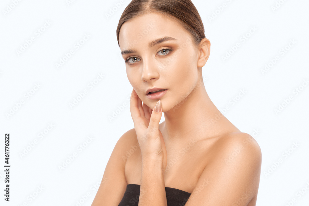 Portrait of attractive girl with healthy clean skin and beautiful make-up. Aesthetic cosmetology and makeup concept. Portrait of attractive girl with healthy clean skin and beautiful make-up. Aesthetic cosmetology and makeup concept.