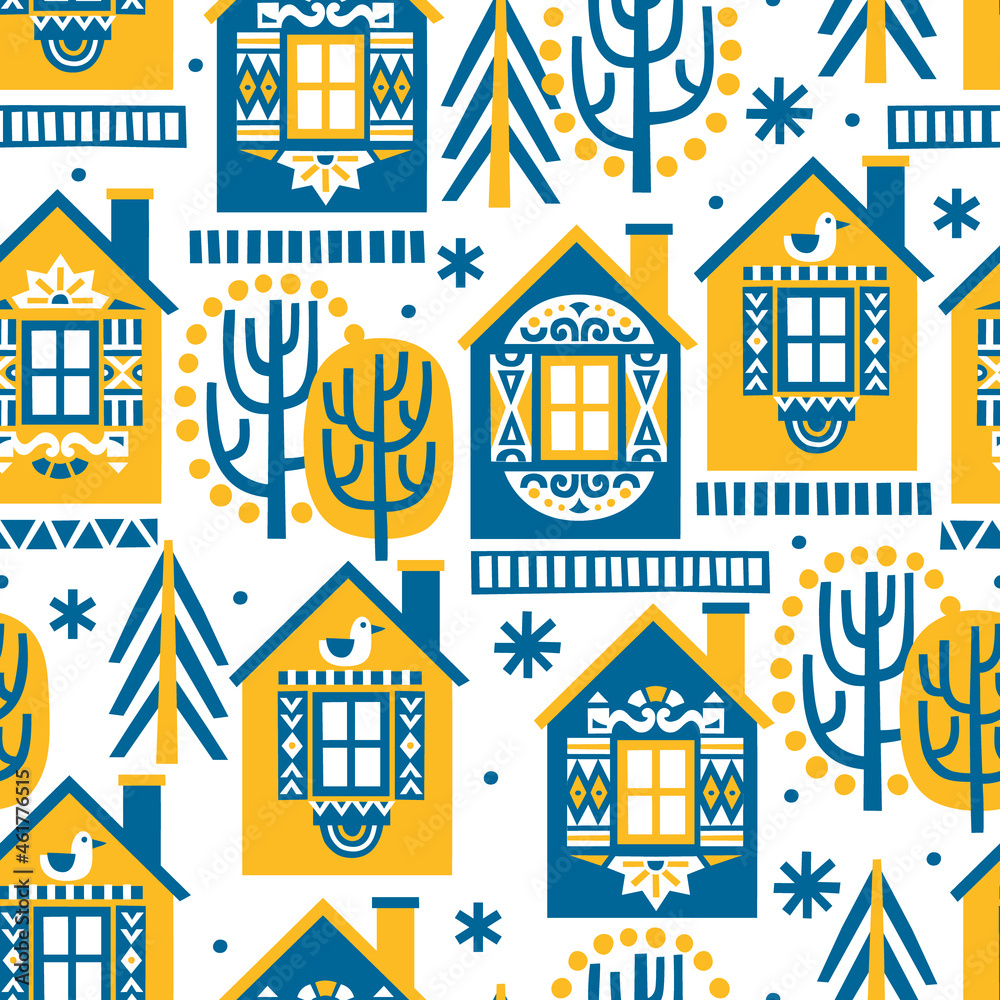 Vector illustation Seamless pattern Winter houses, trees and snowflakes. Great for fabric, textile, wrapping paper. Vector Illustration