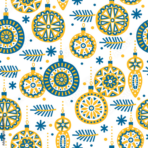 Vector christmas seamless pattern with Christmas tree decorations. Xmas toys illustration. New year backdrdrop. Festive wrapping paper, wallpaper design.
