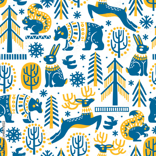 Seamless vector pattern with cute woodland animals, woods and snowflakes. Great for fabric, textile, wrapping paper. Vector Illustration