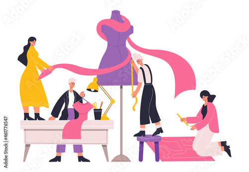 Atelier seamstress, tailors, fashion designers work with tailors mannequin. Clothing designers at work, tailoring and dressmaking process vector illustration. Sewing workshop