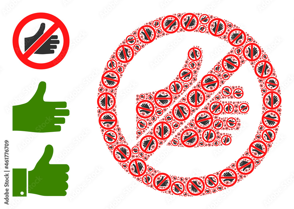 Fototapeta premium Itself fractal mosaic forbidden thumb up. Vector forbidden thumb up fractal is organized from randomized itself forbidden thumb up items. Flat illustration.